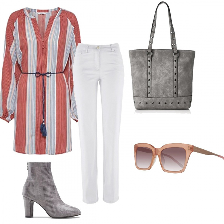 Outfit donna - La camicia a righe. Stile Basic per Tutti i giorni. Abbinamento con pantaloni, stivaletti, tunica, occhiali da sole, borsa tote con zip grigio.