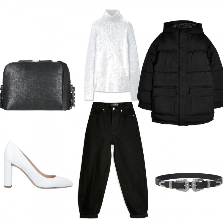 Outfit donna - Minimal black & white. Stile Trendy per Tutti i giorni. Abbinamento con cinture, jeans, piumino, décolleté, borsa a tracolla, maglione a coste collo a dolcevita.
