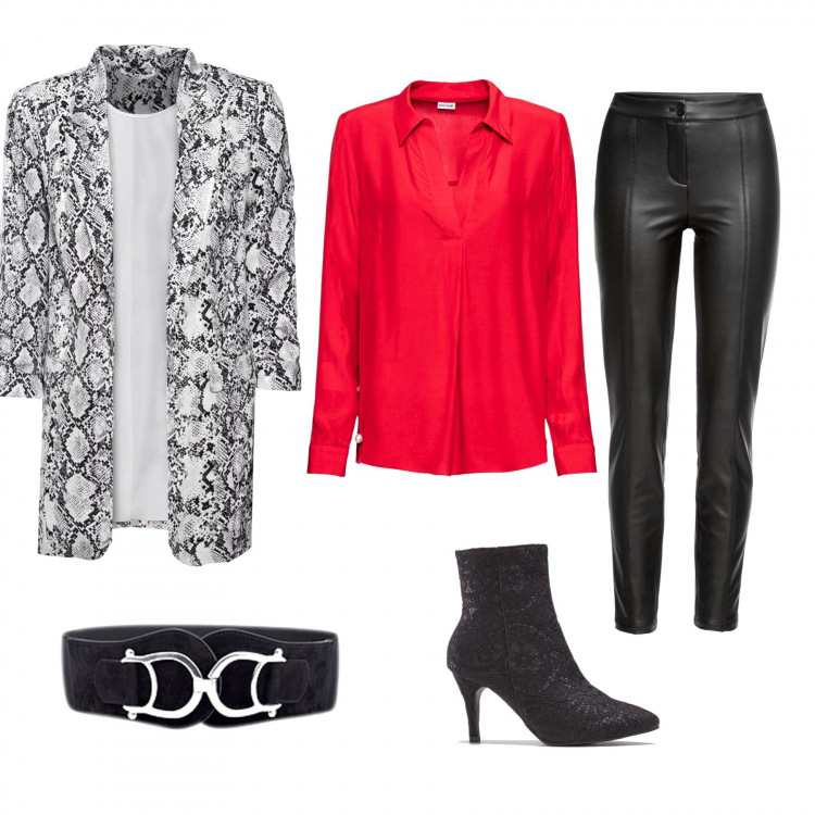 Outfit donna - Grintosa in rosso e nero. Stile Trendy per Serata fuori. Abbinamento con cinture, camicie, pantaloni, blazer, stivaletti con pizzo e zip nero.