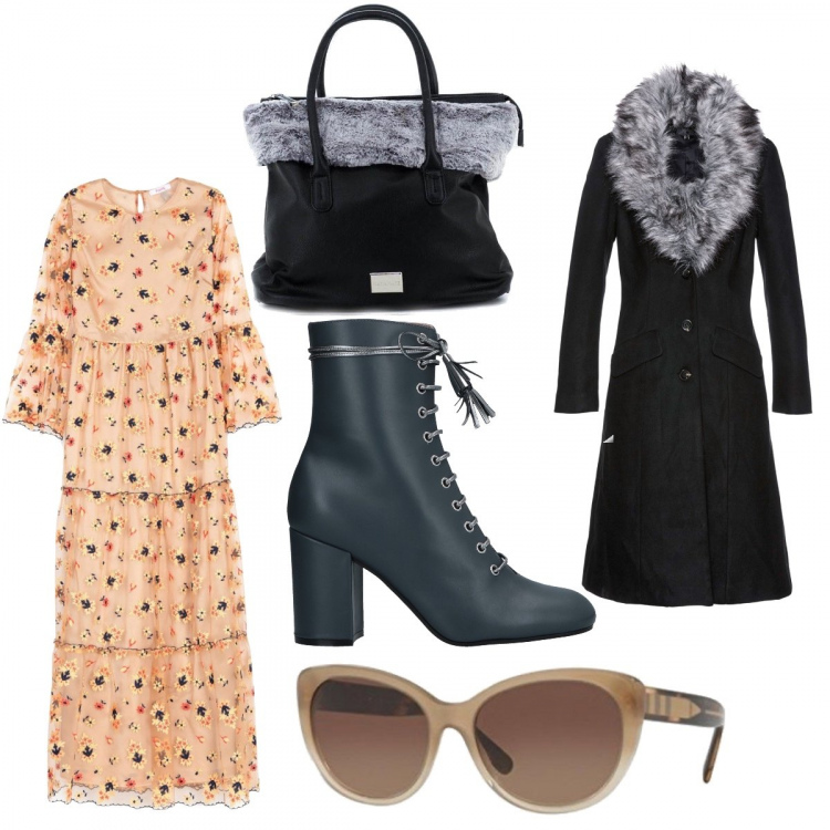 Outfit donna - Inspo Marc Jacobs. Stile Trendy per Tutti i giorni. Abbinamento con cappotto, vestito lungo, stivaletti con tacco squadrato e laccetti con punta tonda in pelle tinta unita, borsetta nero, occhiali da sole beige.