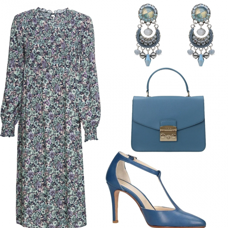 Outfit donna - Ispirazione Marc Jacobs. Stile Trendy per Tutti i giorni. Abbinamento con vestito longuette/midi, orecchini, borse a mano, décolleté.