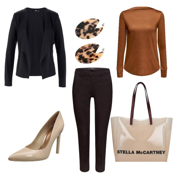 Outfit donna - In ufficio ..ma trendy. Stile Basic per Ufficio. Abbinamento con blazer, orecchini, borsa tote, pullovers, pantalone lungo, scarpa col tacco.