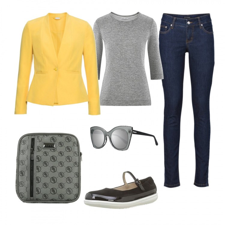 Outfit donna - La giacca gialla. Stile Urban per Tutti i giorni. Abbinamento con jeans skinny, blazer, shopping bag, maglioni, ballerine, occhiali da sole grigio.