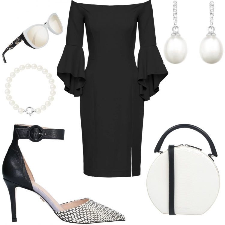 Outfit donna - #Black and white. Stile Chic per Cerimonia. Abbinamento con vestiti midi/longuette, zeppe, borse a mano, occhiali da sole farfalla bianco, orecchini pendenti con perle in argento 925 argento, bracciale con perle forma intrecciata bianco.
