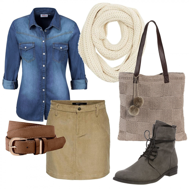 Outfit donna - Semplice, pratica, bella. Stile Basic per Tutti i giorni. Abbinamento con camicie, borsa a mano in in maglia grigio, cinture, stivali, gonne, sciarpa taglia unica avorio.