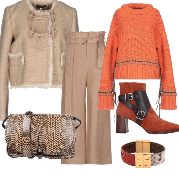 Outfit donna - Un po\' di arancione. Stile Basic per Ufficio. Abbinamento con stivaletti, blazer, borsa a tracolla con stampa taglia media con laccetti interno foderato, pantaloni, maglieria, braccialetto.