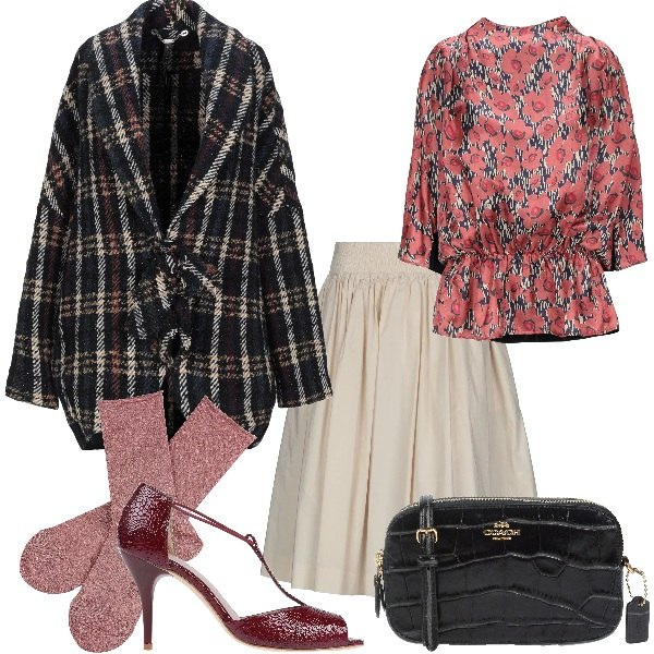 Outfit donna - BRAND INSPO: Marc Jacobs. Stile Bon Ton per Tutti i giorni. Abbinamento con bluse, cappotti, décolleté, gonna longuette, borsa a mano, calze rosa.