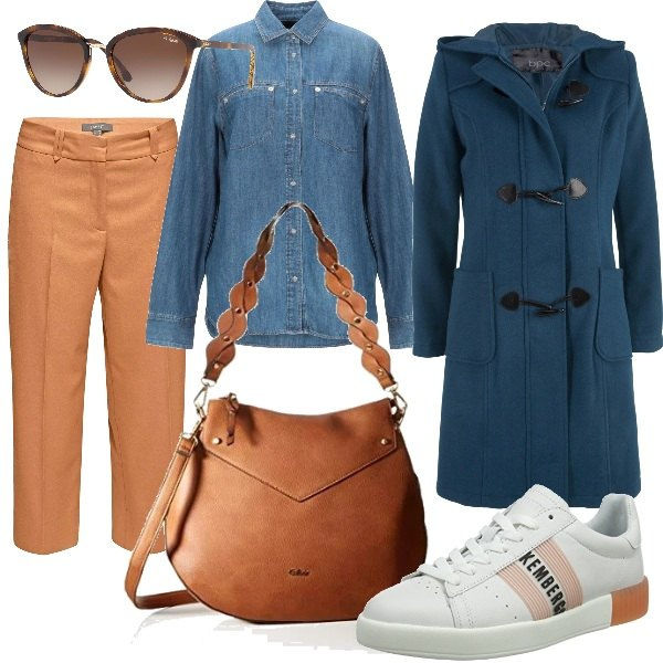 Outfit donna - Curvy Basic: Il Montgomery. Stile Basic per Ufficio. Abbinamento con montgomery, camicia jeans collo classico a maniche lunghe in denim tinta unita, occhiali da sole, borsa a spalla con zip marrone, pantaloni capri, sneakers bianco.