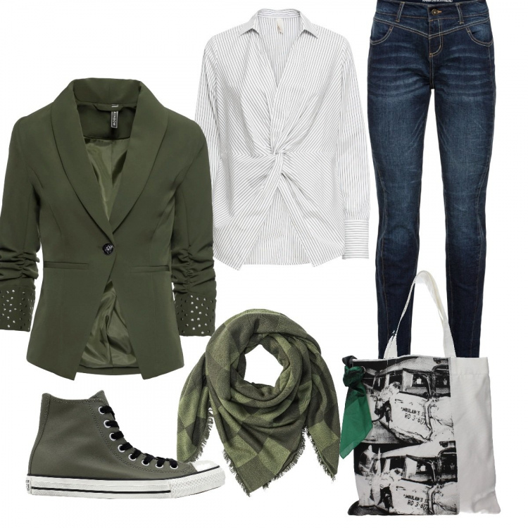 Outfit donna - Curvy basic. Stile Basic per Tutti i giorni. Abbinamento con jeans boyfriend, blazer, bluse, foulard, sneakers alte, borsa a spalla.