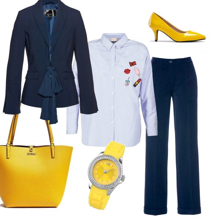 Outfit donna - Il sole in ufficio. Stile Chic per Ufficio. Abbinamento con pantaloni, vestiti, décolleté, camicie, borsa a mano giallo, orologi.
