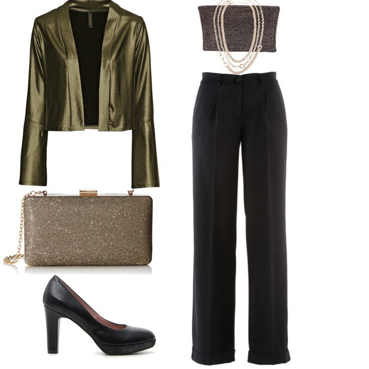 Outfit donna - Curves r cool. Stile Trendy per Serata fuori. Abbinamento con pantaloni, blazer, vestiti lunghi, top con fasce, décolleté con plateau e punta tonda nero, pochette.