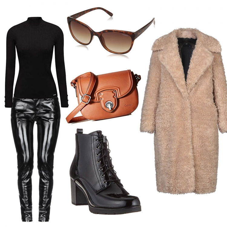 Outfit mujer - Abrigo beis pelo. Estilo Trendy para Oficina. Combinación con botas y anfibios nero, jerséis, gafas de sol, bandolera, pantalones, cappotto.