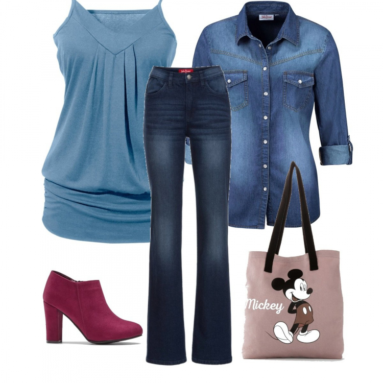 Outfit donna - Saldi bonprix con topolino. Stile Urban per Tutti i giorni. Abbinamento con top, camicie, bomber, shopping bag, tronchetti con zip rosso.