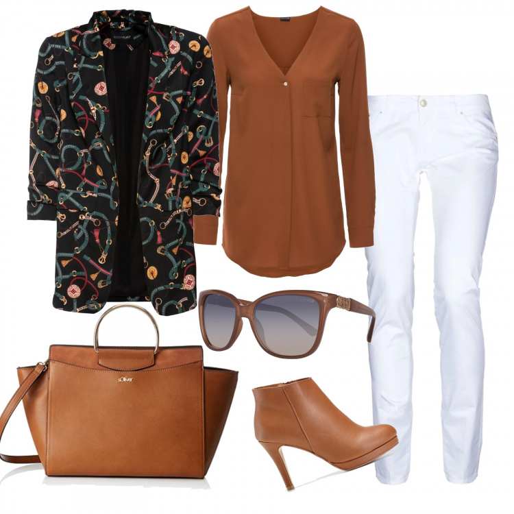 Outfit donna - Domani ferie. Stile Basic per Tutti i giorni. Abbinamento con camicie, blazer fantasia effetto satinato nero, maglieria, pantaloni, occhiali da sole, borsa a mano marrone.