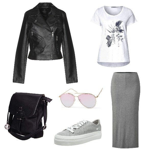 Outfit mujer - Urban street. Estilo Urban para Todos los días. Combinación con gonna melange grigio, maglietta bianco, sneakers grigio, shopping bag nero, gafas graduadas, abrigos.