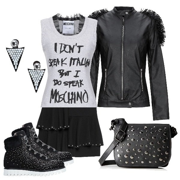 Outfit mujer - Noche y música. Estilo Rock para Noche/Fiesta elegante. Combinación con bolsos de hombro, gonna, top jersey, abrigos, botas y anfibios con strass, pendientes.