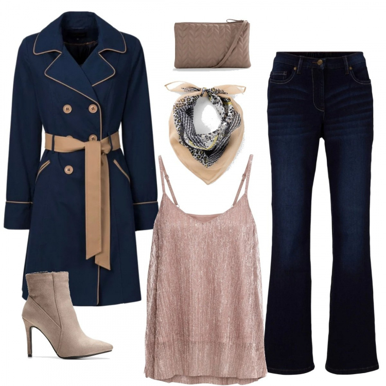 Outfit donna - Caffè in centro. Stile Trendy per Tutti i giorni. Abbinamento con trench, top, jeans bootcut, stivaletti con tacco alto e zip grigio, sciarpa copricapo nero, borsa a tracolla con zip beige.