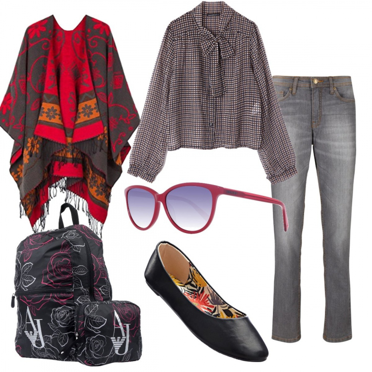 Outfit donna - Esami con stile. Stile Urban per Scuola/Università. Abbinamento con ballerine, jeans mom, borsa, blusa con fiocco fantasia marrone, occhiali da sole, poncio.