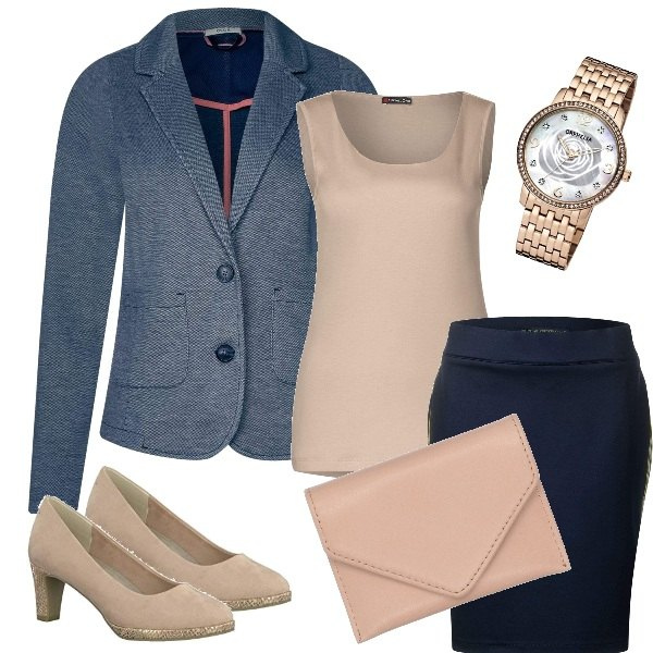 Outfit mujer - Entrevista de trabajo. Estilo Chic para Oficina. look ideal para Tall/Alta. Combinación con gonna blu, blazer, zapatos de tacón rosa, top beige, orologio analogico, portacomputer.