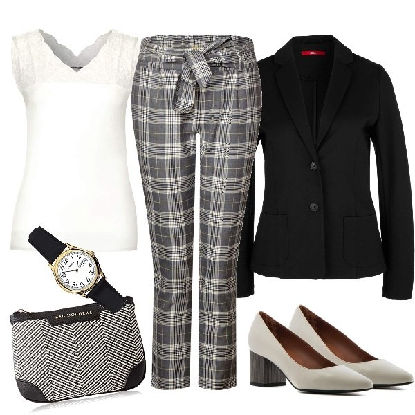 Outfit mujer - Entrevista de trabajo. Estilo Basic para Oficina. look ideal para Tall/Alta. Combinación con pantalones, camisetas sin mangas, chaqueta, clutch fantasia nero, relojes analógicos, zapatos de tacón.