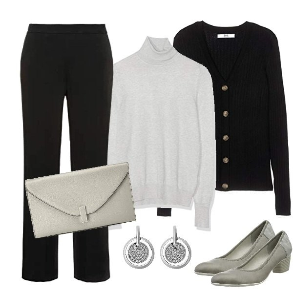 Outfit mujer - Entrevista de trabajo. Estilo Basic para Oficina. look ideal para Tall/Alta. Combinación con pantalone nero, maglioncino jersey argento e grigio, zapatos de tacón grigio, cardigan nero, pendientes, clutch.