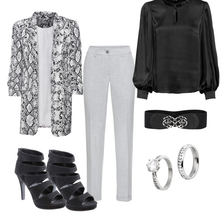 Outfit donna - Black and white. Stile Trendy per Serata fuori. Abbinamento con cinture, blazer, vestiti, anelli, pantaloni, sandali col tacco.
