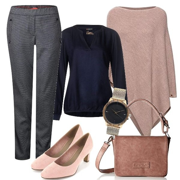 Outfit mujer - Entrevista de trabajo. Estilo Chic para Oficina. look ideal para Tall/Alta. Combinación con pantalone multicolore e blu, bufanda, blusa blu, zapatos de tacón rosa, carteras, relojes analógicos.