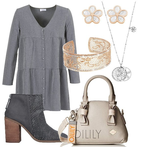 Outfit donna - Etnico #130. Stile Etnico per Tutti i giorni. Abbinamento con stivaletti effetto scamosciato con tacco squadrato e zip interno foderato con punta tonda tinta unita, vestiti corti, bracciale, borsa a mano cartella grigio, orecchini, collana con fiocco girocollo.