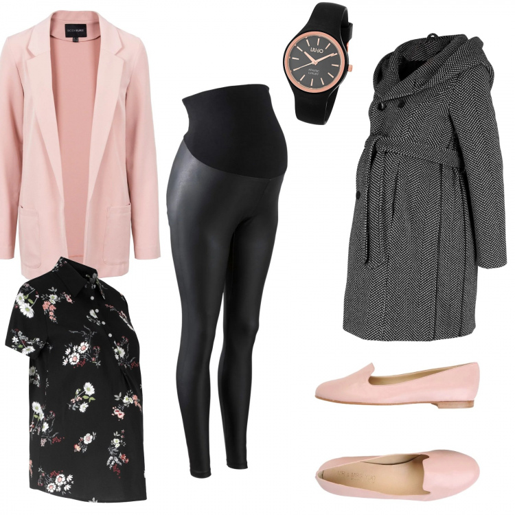 Outfit donna - Bebè a bordo. Stile Trendy per Tutti i giorni. look ideale per Premaman. Abbinamento con mocassini, vestiti corti, blusa premaman con scollo a maniche corte nero, treggings, cappotti, orologio con cinturino nero.