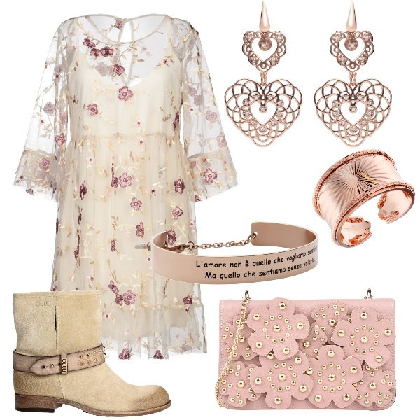 Outfit donna - Trendy #3570. Stile Trendy per Tutti i giorni. Abbinamento con vestiti corti, borse a tracolla, stivaletti, bangle, orecchini pendenti con pizzo glitter in ottone, anello con fasce.