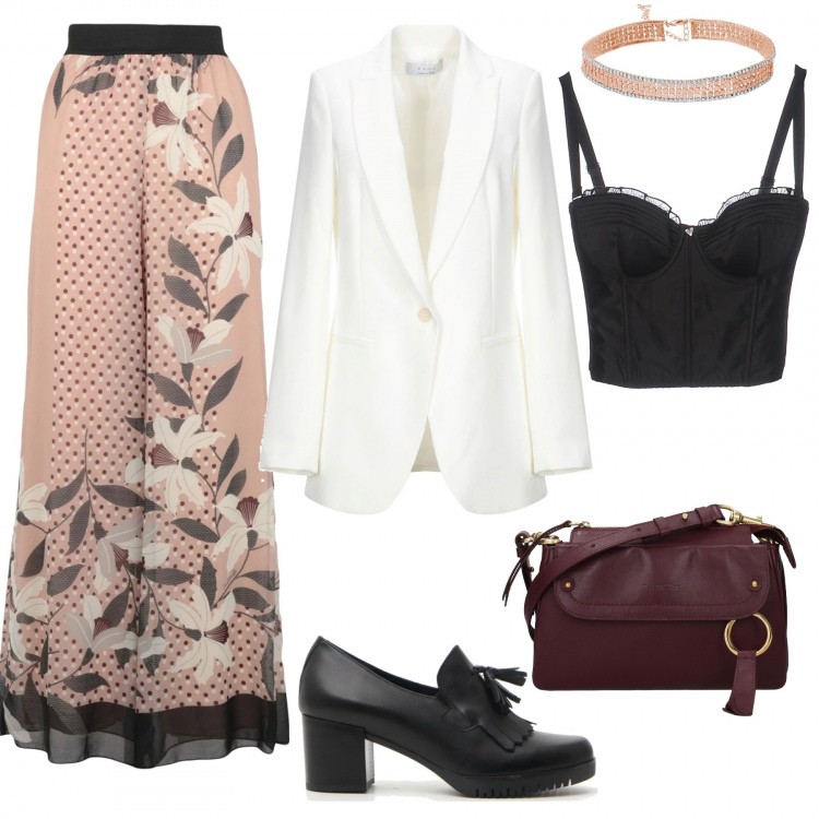 Outfit donna - Un regalo. Stile Chic per Serata fuori. Abbinamento con pantaloni, top, giacca collo con revers a maniche lunghe interno foderato tinta unita, borsa a tracolla con logo frontale viola, mocassini, collana con strass girocollo.