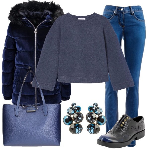 Outfit donna - Il giubbotto blu. Stile Basic per Scuola/Università. Abbinamento con jeans dritti.