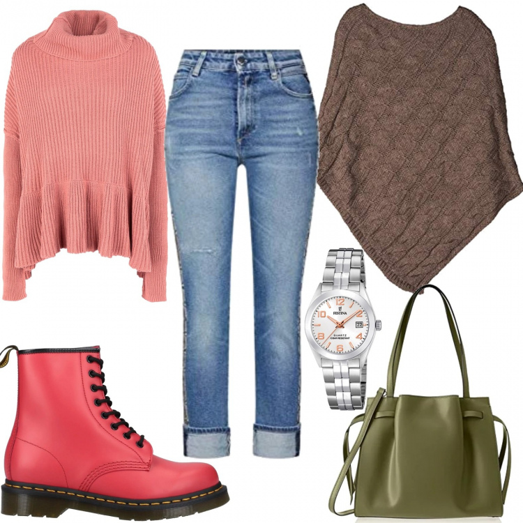 Outfit donna - Wishlist del momento. Stile Urban per Tutti i giorni. Abbinamento con stivaletti, jeans, cappotti, orologio con cinturino argento, shopping bag verde.