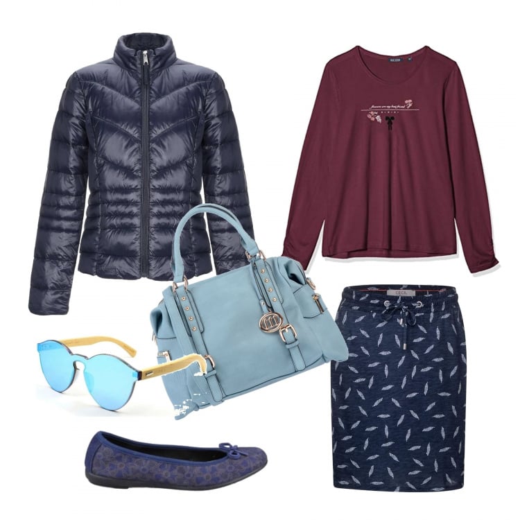 Outfit mujer - Que me pongo?. Estilo Basic para Todos los días. Combinación con maglioncino blu, falda, gafas de sol, bailarinas y zapatos planos, bolsos, giubbino.