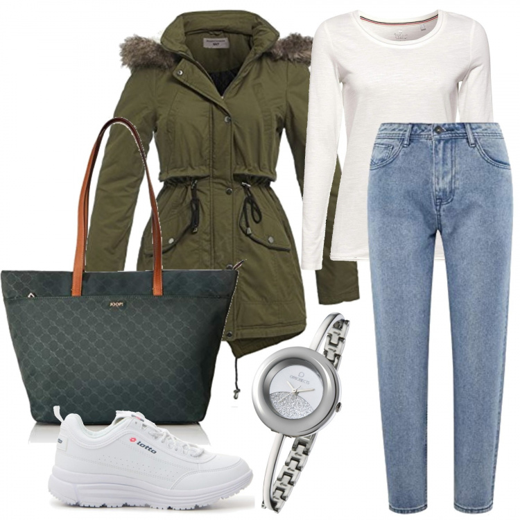 Outfit donna - Monday Style - sportiva in ufficio. Stile Basic per Ufficio. Abbinamento con sneakers, parka, jeans mom, orologio glitter con cinturino argento, t-shirt, portafogli.