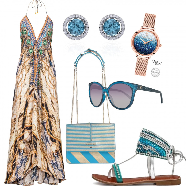 Outfit donna - Etnico #136. Stile Etnico per Tutti i giorni. Abbinamento con vestiti lunghi, borse a spalla, sandali nero e blu, occhiali da sole, orecchini argento, orologio con cinturino blu e rosa.