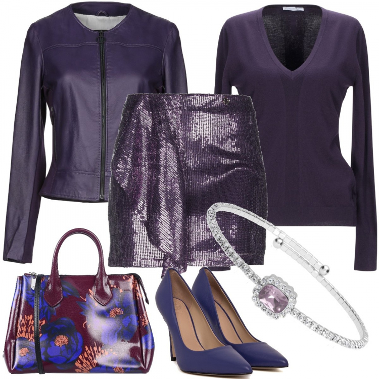 Outfit donna - I doni di Lui. Stile Basic per Tutti i giorni. Abbinamento con borsa a mano fantasia floreale taglia media con zip interno sfoderato con tracolla removibile, pullovers, cappotti, minigonne, bangle con strass, décolleté viola.
