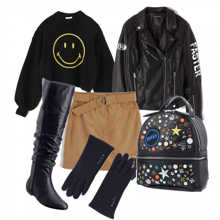 Outfit donna - A lezione in stile Terranova. Stile Rock per Scuola/Università. Abbinamento con stivali sopra il ginocchio, zaini, maglione crop nero, giubbino in ecopelle tinta unita nero, guanti con bottoni blu, minigonne.