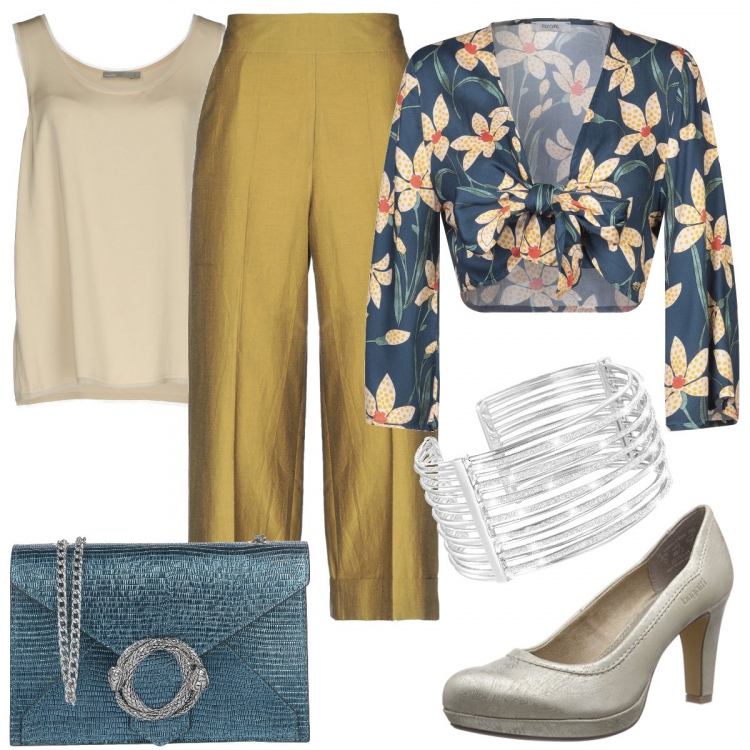 Outfit donna - Regalo Da lui. Stile Trendy per Cerimonia. Abbinamento con pantalone lungo, top, borsa a spalla mini con stampa doppio manico interno foderato tinta unita, top, scarpe col tacco, bracciale.