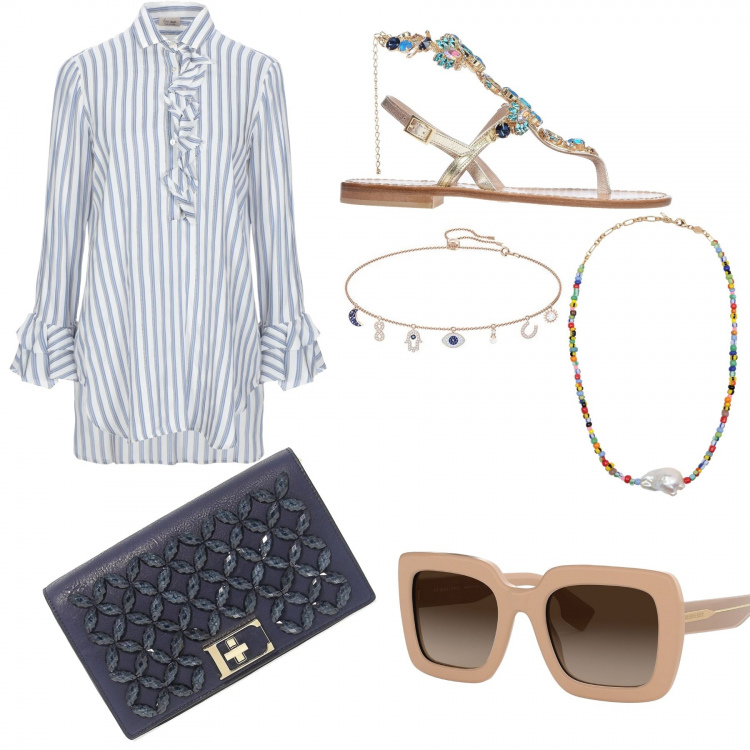 Outfit donna - Aperitivo a Capri. Stile Chic per Mare. look ideale per Tall. Abbinamento con occhiali da sole, infradito, camicia, collana, borsa a tracolla, collane.