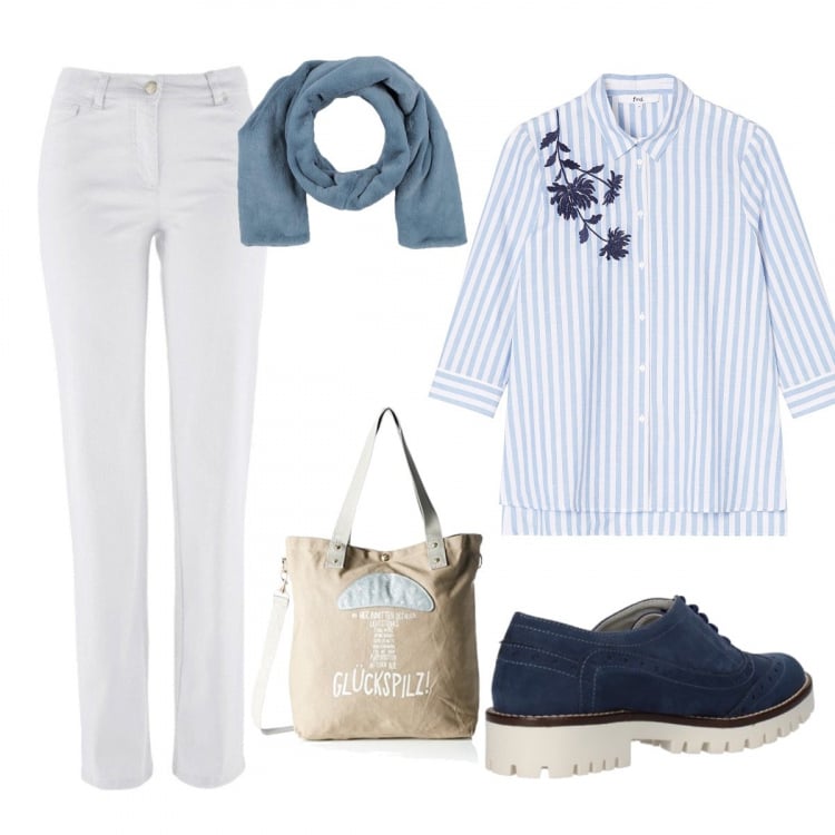 Outfit donna - Aspettando la primavera. Stile Urban per Tutti i giorni. Abbinamento con pantaloni, stola, scarpa, camicie, borse a cartella.