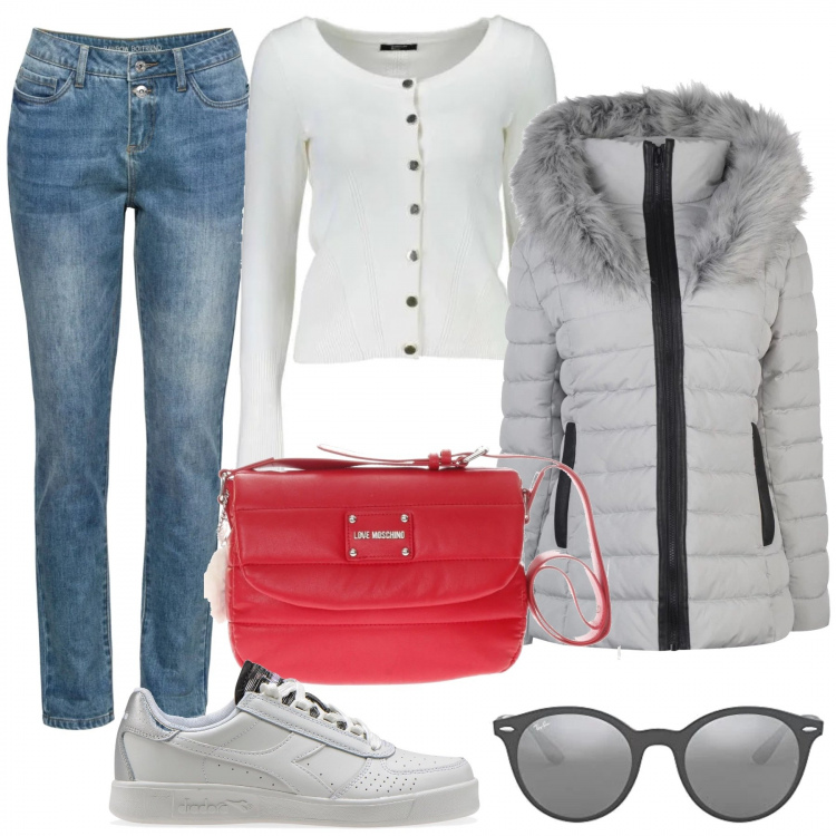 Outfit donna - Una giornata in relax. Stile Basic per Tutti i giorni. Abbinamento con jeans boyfriend, borsa a spalla, piumino grigio, sneakers, occhiali da sole unisex-adulto grigio e nero, cardigans.