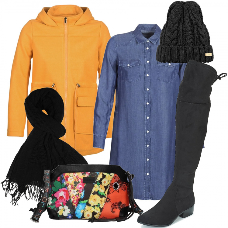 Outfit donna - Spartoo basic. Stile Basic per Tutti i giorni. Abbinamento con vestiti corti, cappotti, stivali, borsa a tracolla nero, berretto beanie nero, scialli.