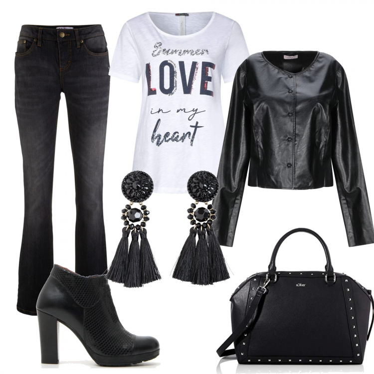 Outfit donna - Look semplice, d\'effetto, low-cost. Stile Trendy per Tutti i giorni. Abbinamento con jeans bootcut, maglieria, giubbotto collo tondo a maniche lunghe interno sfoderato in pelle sintetica tinta unita, borsa a mano nero, stivaletti, pullovers.