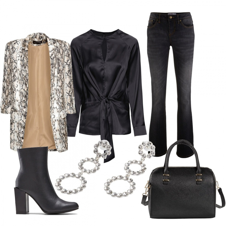 Outfit donna - Bootcut e animalier low cost in ufficio. Stile Rock per Ufficio. Abbinamento con jeans bootcut, bluse, blazer fantasia collo aperto con tasche beige, borse a mano, stivaletti con zip nero, orecchini con cerchi argento.