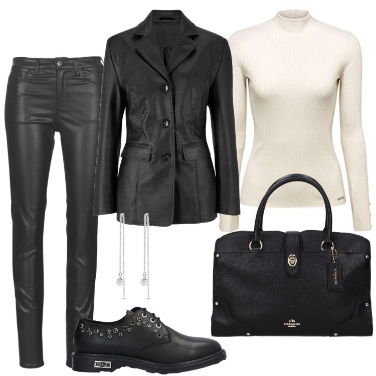 Outfit donna - Essenziale e stilosa. Stile Trendy per Tutti i giorni. Abbinamento con blazer, scarpe stringate, borsa a mano, pantalone lungo, felpa, orecchini.