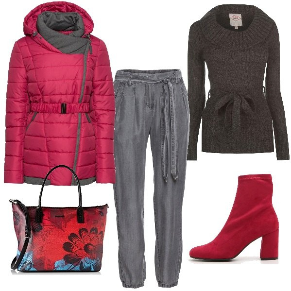 Outfit donna - Un giorno in ufficio. Stile Basic per Ufficio. Abbinamento con pantaloni, blazer, maglia, stivaletti, borsa a spalla.