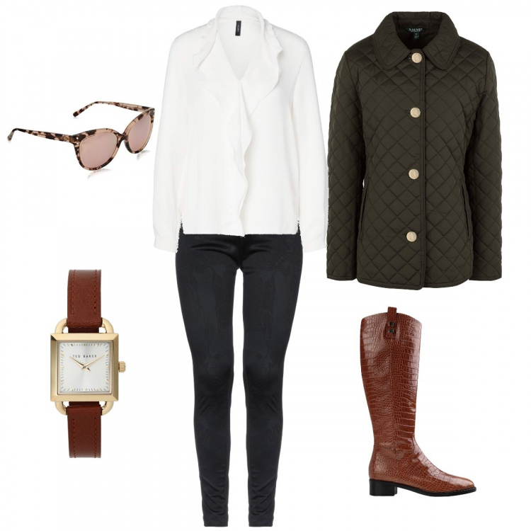 Outfit femme - Horse ride. Style Basique pour Tous les jours. Assortir avec vestes, blazers et manteaux in poliestere, bottes con zip, tuniques, leggings jersey, montres, lunettes de soleil rosa.