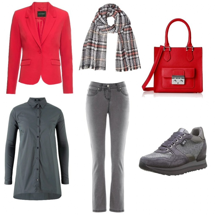 Outfit donna - Comodo e veloce. Stile Trendy per Tutti i giorni. Abbinamento con jeans slim fit, camicetta forma asimmetrica a maniche lunghe grigio, blazer, pantofole, borsa a mano rosso, sciarpe.
