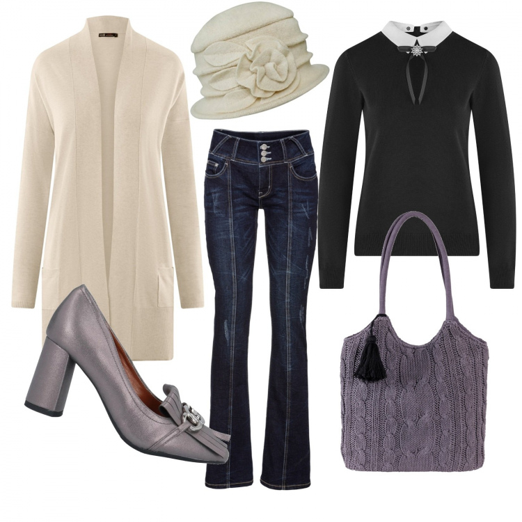 Outfit donna - La borsa in lana!. Stile Bon Ton per Serata fuori. Abbinamento con jeans bootcut, borse a mano, mocassini, cardigans, maglione, cappelli.